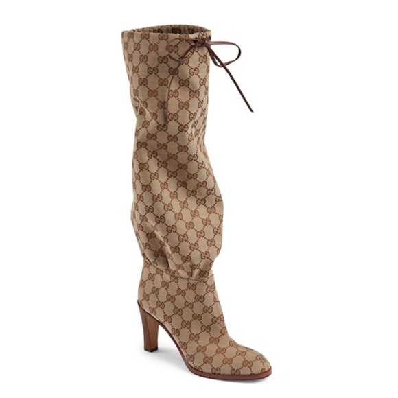 NIB Gucci Lisa 85 GG Monogram Supreme Canvas Knee High Drawstring Boots - Picture 3 of 8